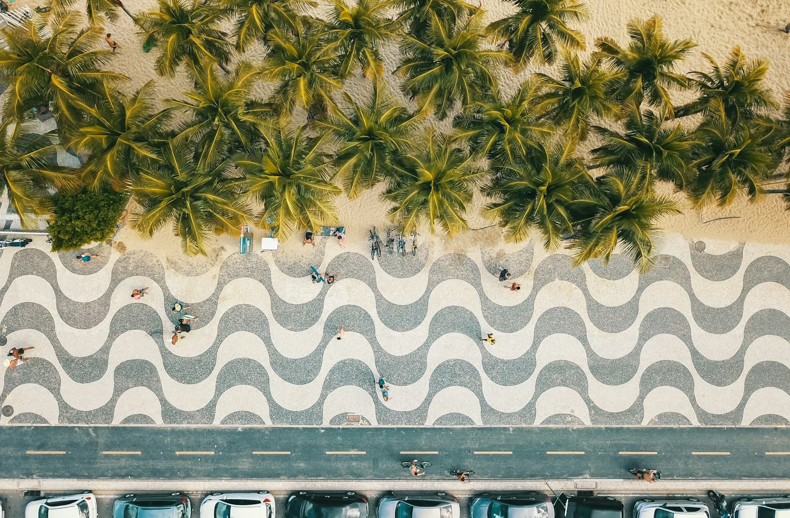 The wave-pattern promenade and palm trees of Copacabana, seen from above